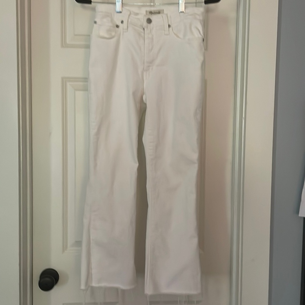 Madewell Cali Demi boot jeans in pure white high rise
distressed hem